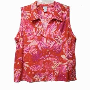 Sigrid Olsen 100% Cotton Red Floral Humminbird Sleveless Top Size XL